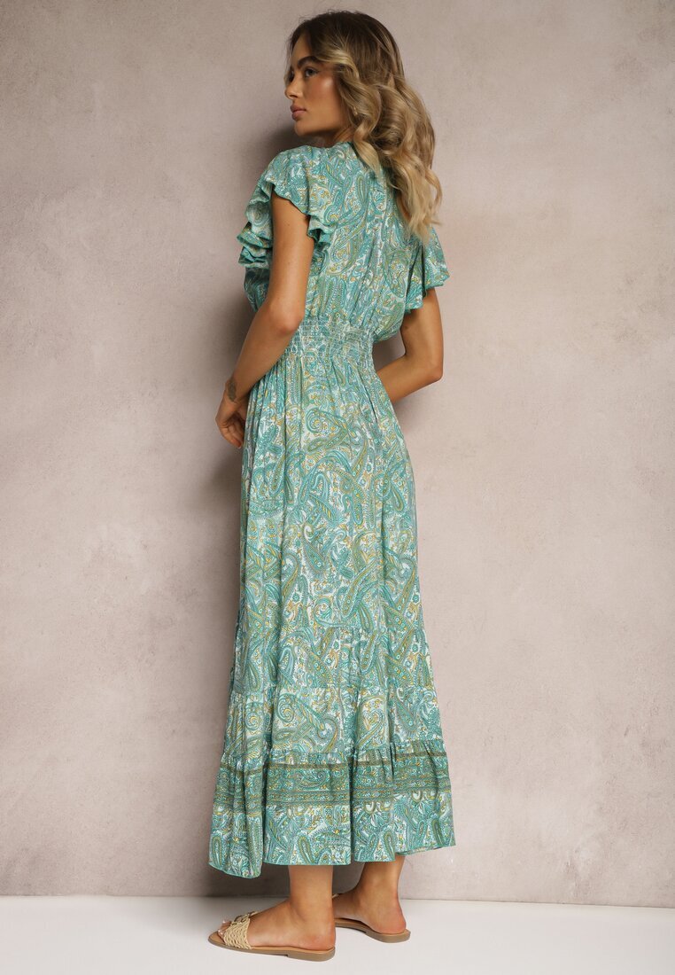 defox Rochie Verde Din Bumbac Paisley cu Decolteu Petrecut cu Volan și Elastic în Talie Brionea