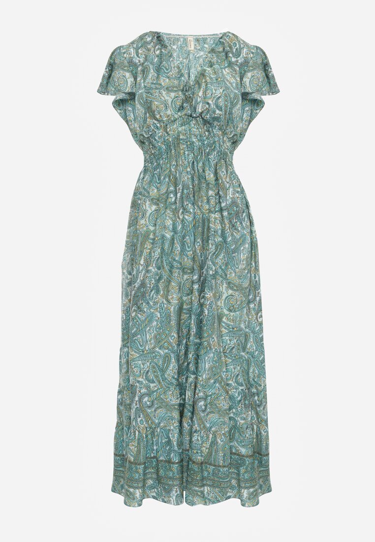 defox Rochie Verde Din Bumbac Paisley cu Decolteu Petrecut cu Volan și Elastic în Talie Brionea