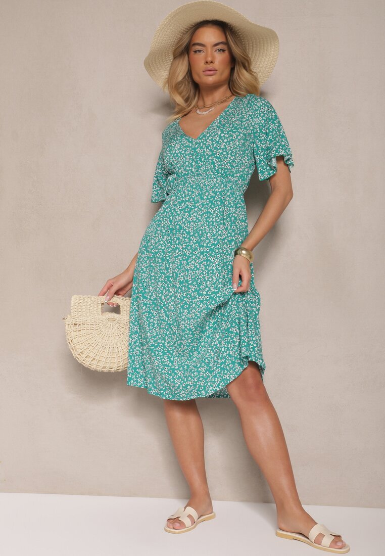 defox Rochie Verde Evazată De bumbac Cu imprimeu floral Ezrive