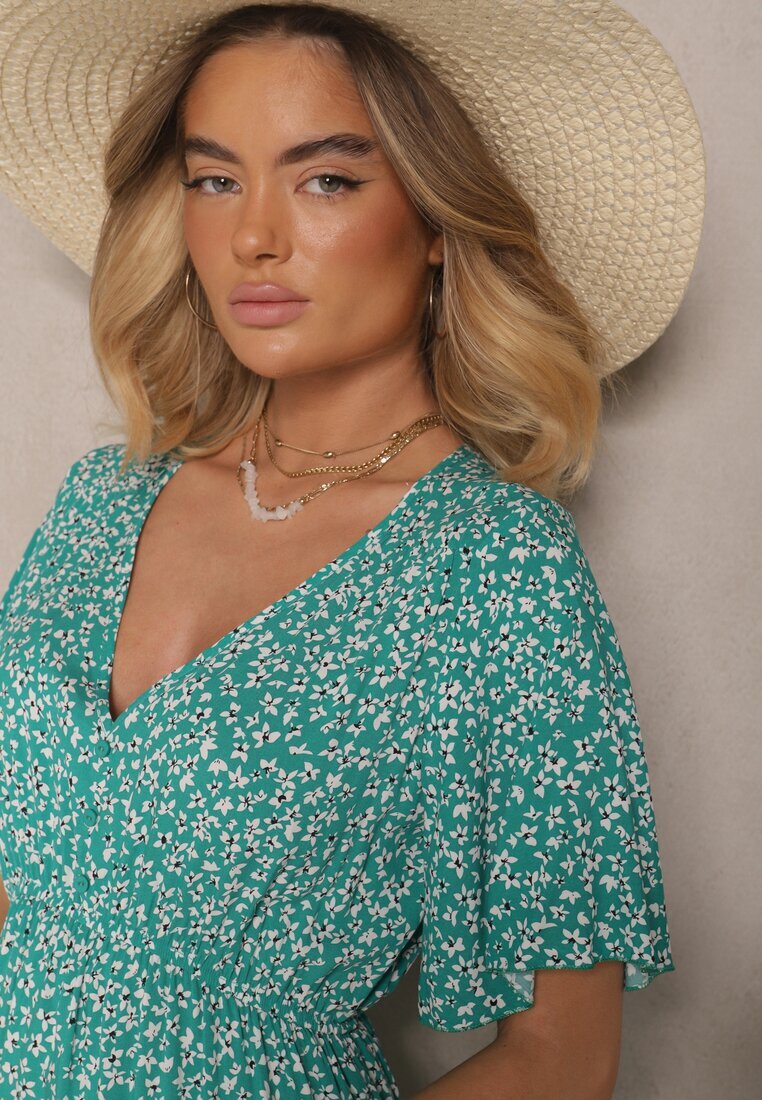 defox Rochie Verde Evazată De bumbac Cu imprimeu floral Ezrive