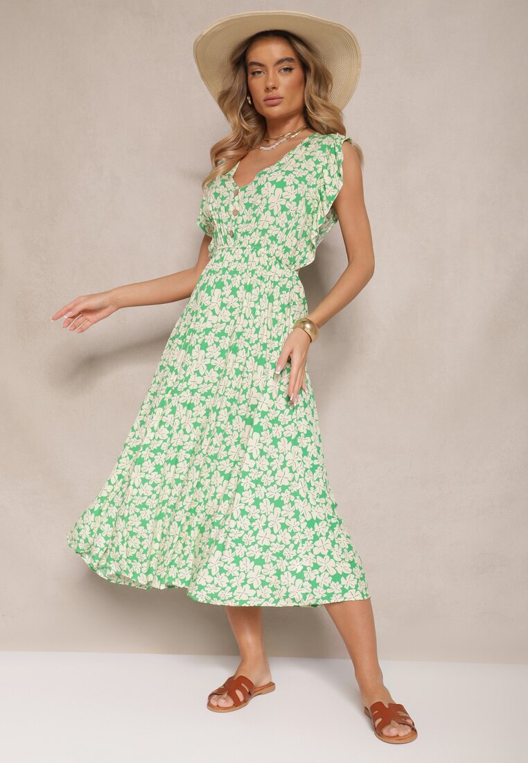 defox Rochie Verde Evazată din Bumbac cu Imprimeu Floral cu Elastic în Talie Alaniria