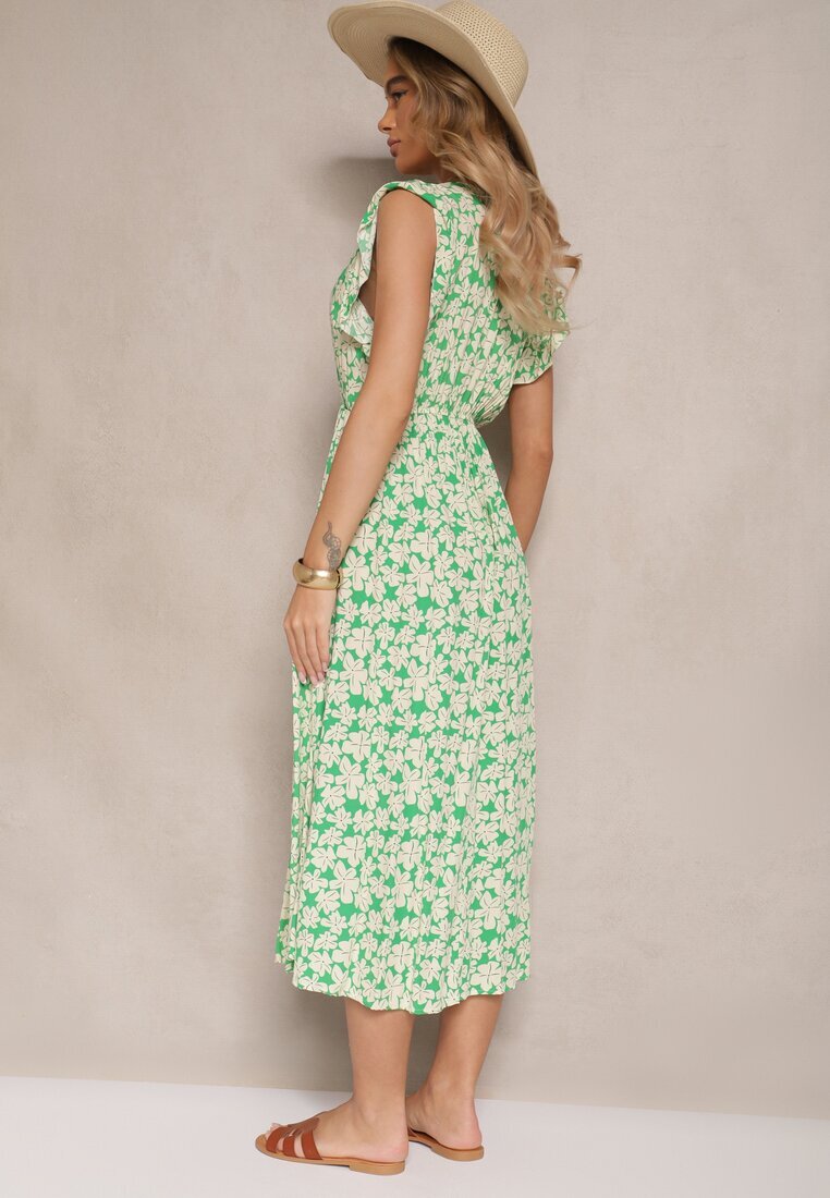 defox Rochie Verde Evazată din Bumbac cu Imprimeu Floral cu Elastic în Talie Alaniria