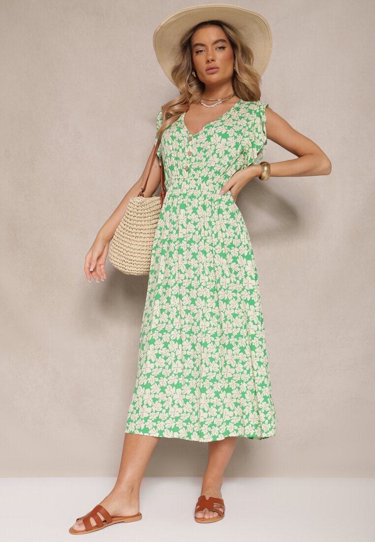 defox Rochie Verde Evazată din Bumbac cu Imprimeu Floral cu Elastic în Talie Alaniria