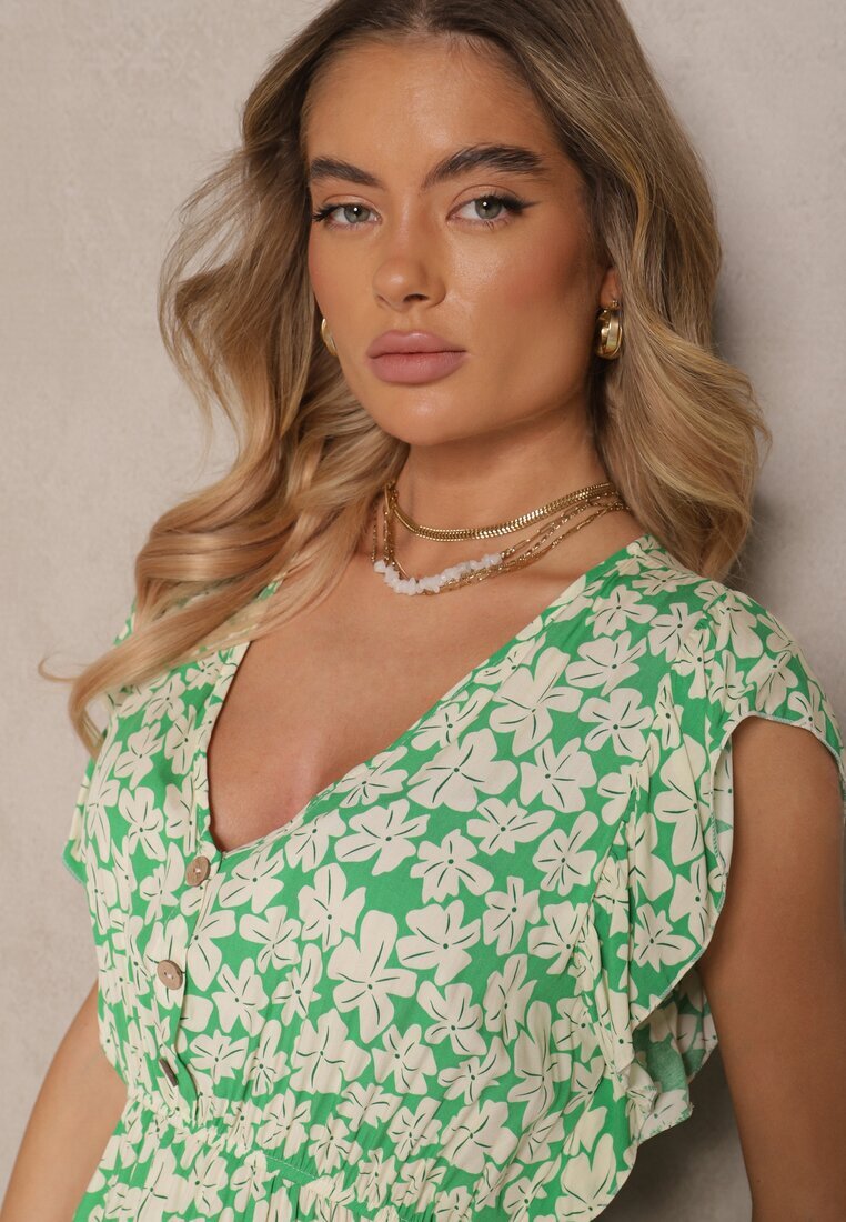 defox Rochie Verde Evazată din Bumbac cu Imprimeu Floral cu Elastic în Talie Alaniria
