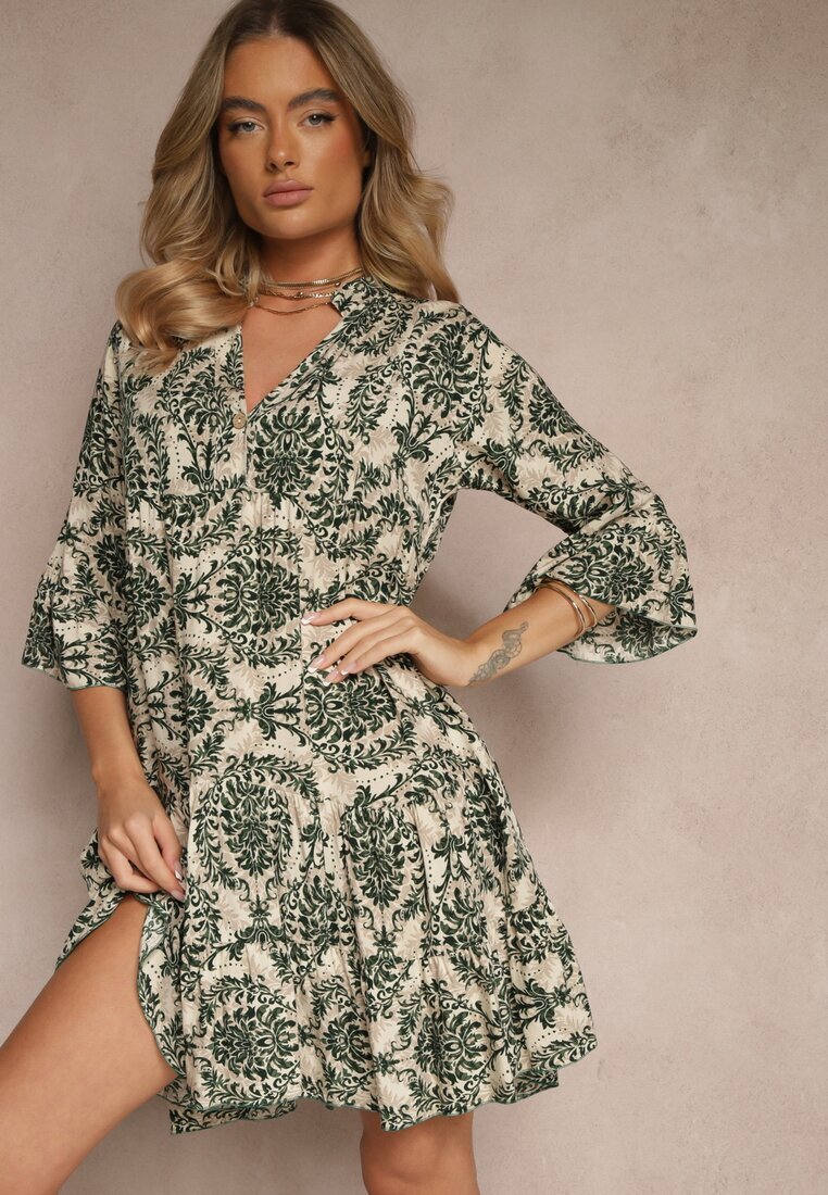 defox Rochie Verde închis din bumbac cu croi evazat cu imprimeu ornamental Laniwea