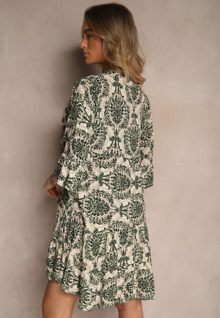 defox Rochie Verde închis din bumbac cu croi evazat cu imprimeu ornamental Laniwea