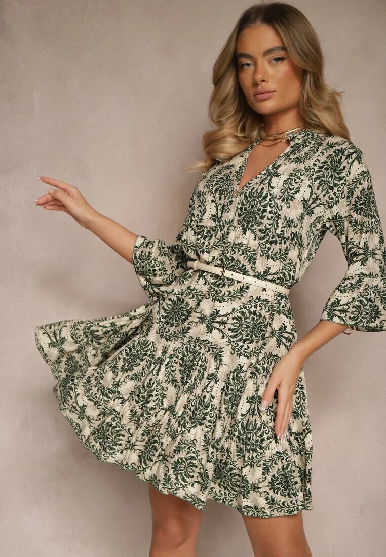 defox Rochie Verde închis din bumbac cu croi evazat cu imprimeu ornamental Laniwea