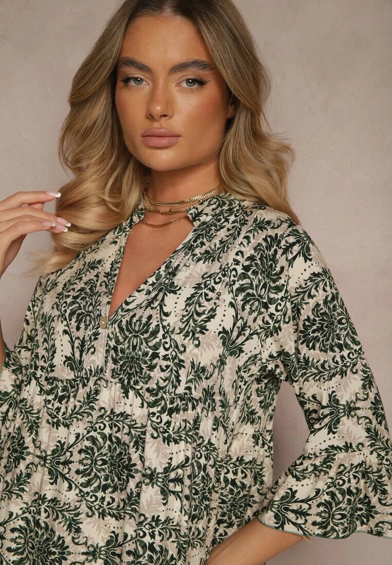 defox Rochie Verde închis din bumbac cu croi evazat cu imprimeu ornamental Laniwea