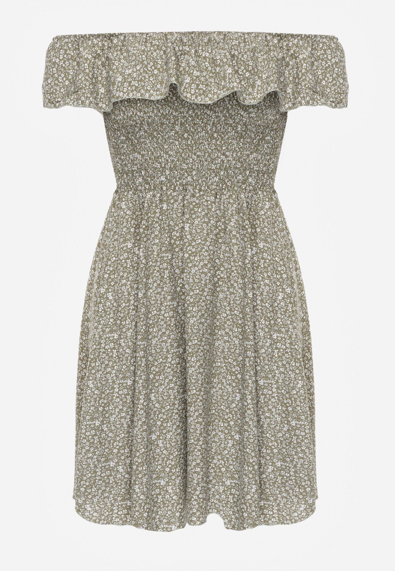 defox Rochie Verde închis Florală cu umeri goi din Bumbac cu elastic în talie Nevima
