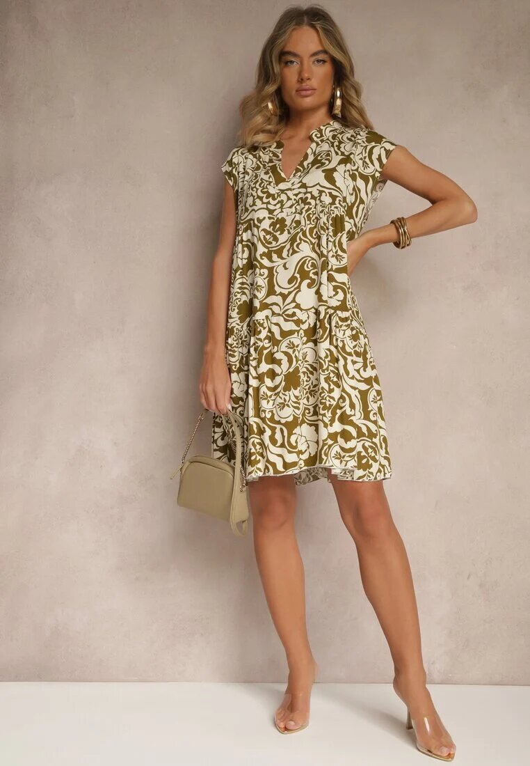 defox Rochie Verde închis Oversize din Bumbac cu Model Ornamental Folazea