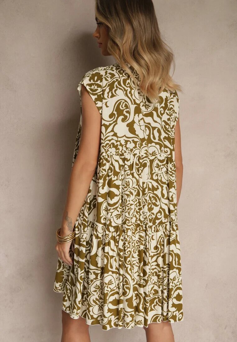 defox Rochie Verde închis Oversize din Bumbac cu Model Ornamental Folazea