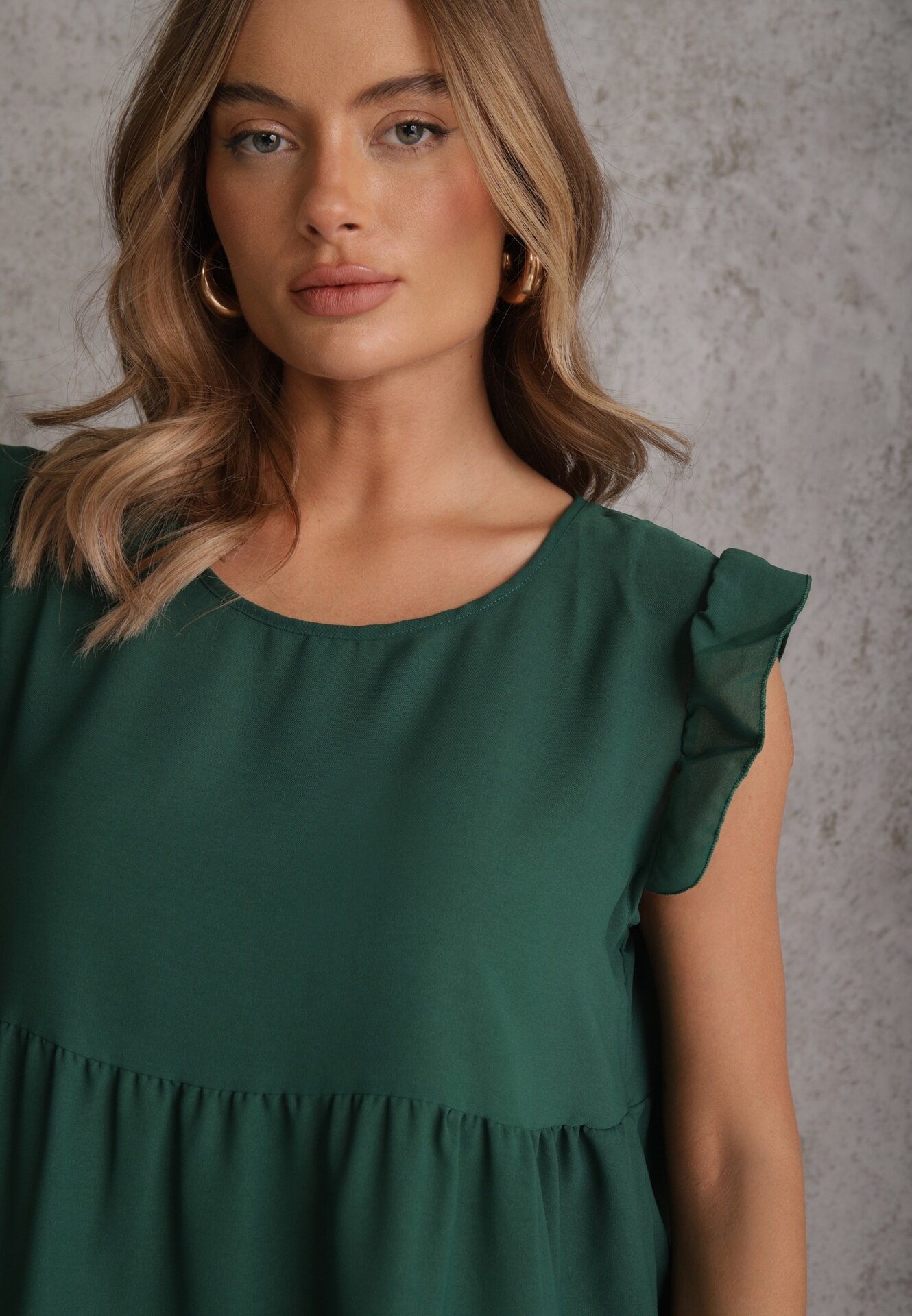 defox Rochie Verde închisă cu mânecă scurtă și volănașe decorative evazată Vetesa