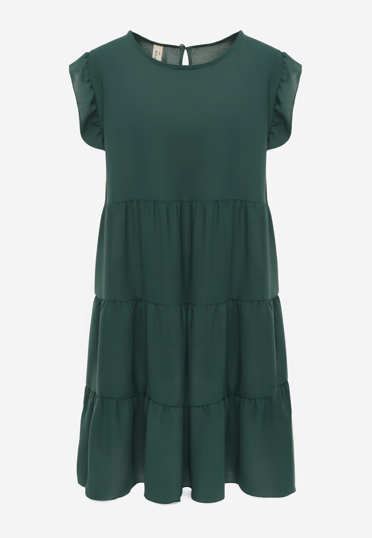 defox Rochie Verde închisă cu mânecă scurtă și volănașe decorative evazată Vetesa