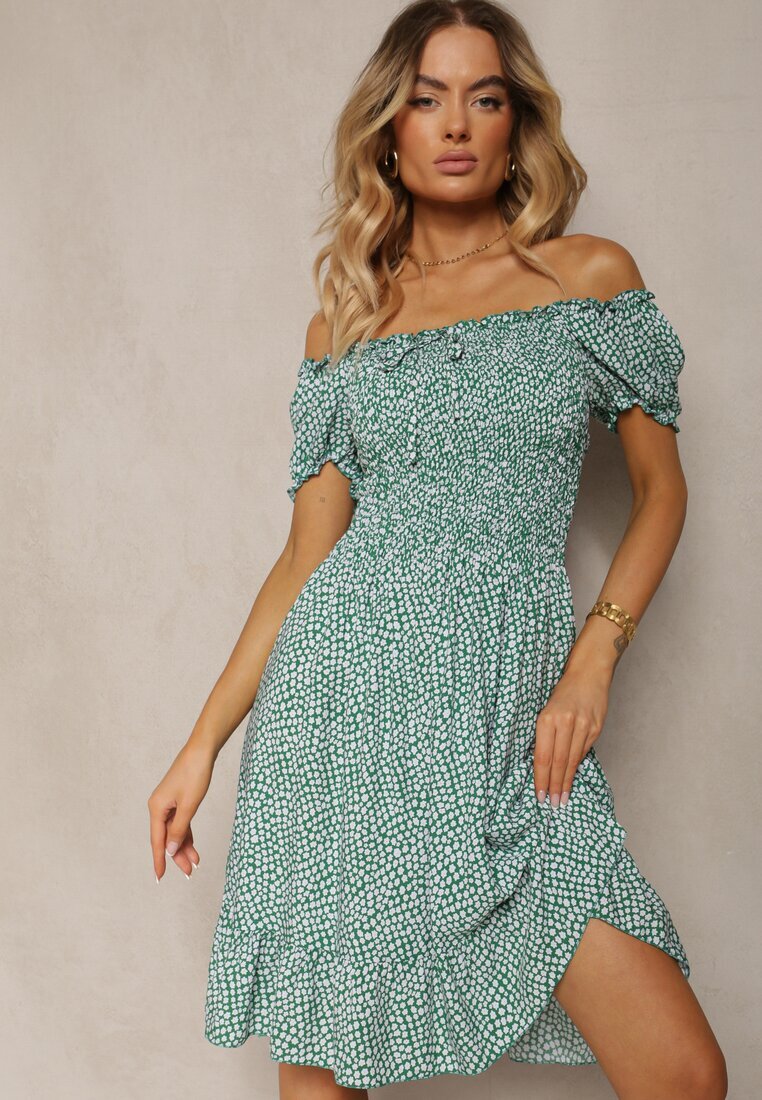 defox Rochie Verde Midi cu croială spaniolă din bumbac Nairo