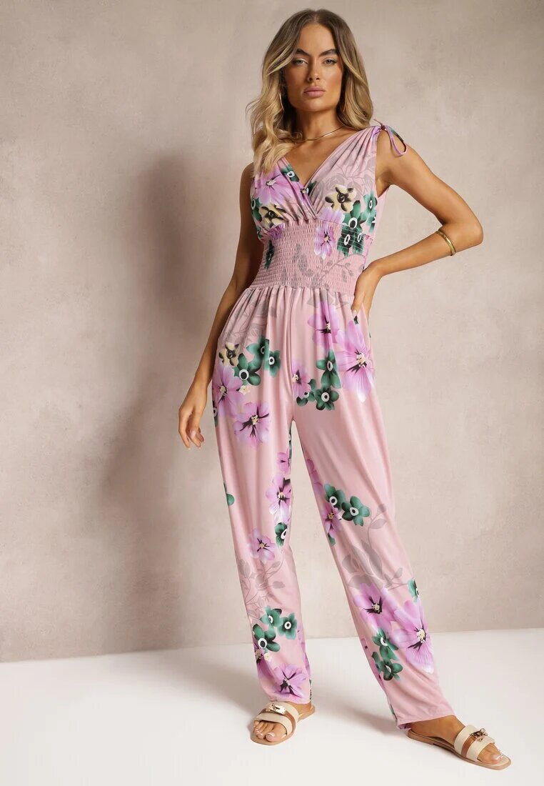 defox Salopetă roz deschis cu elastic la umeri cu imprimeu floral Almora
