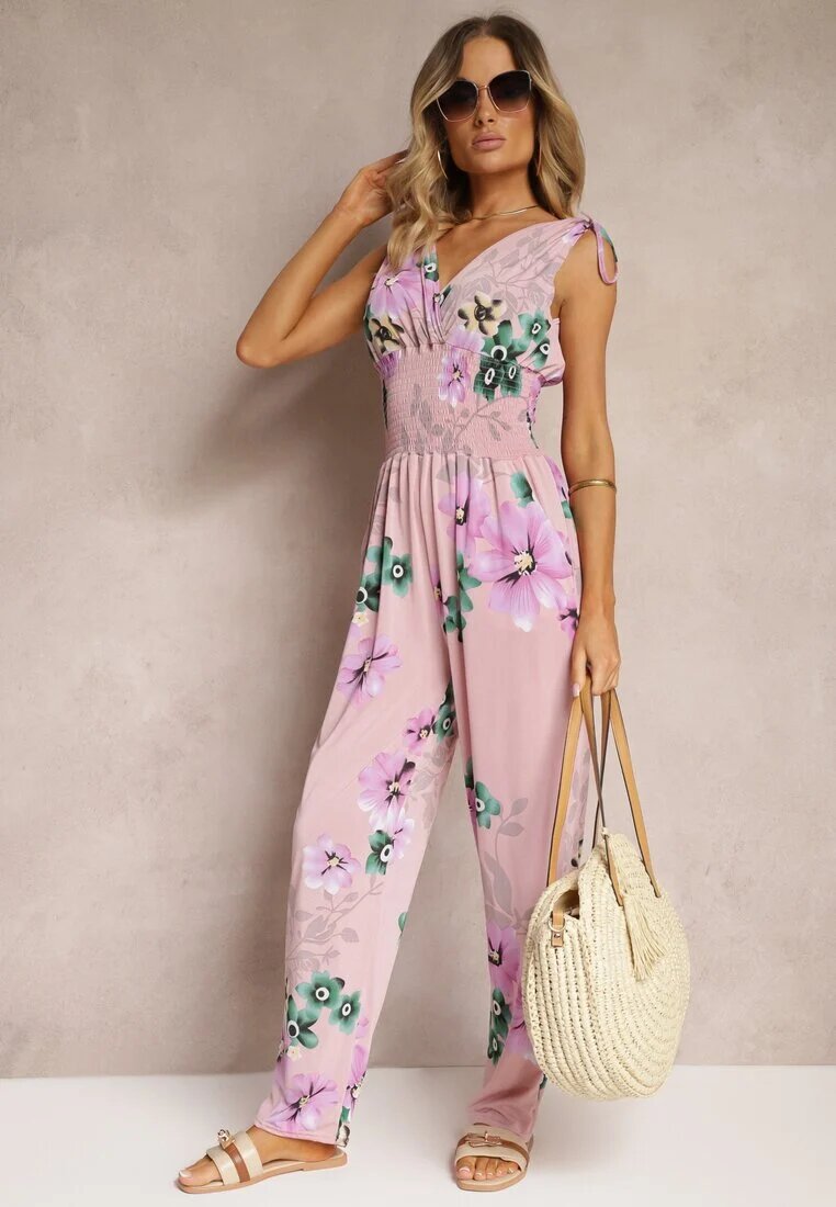 defox Salopetă roz deschis cu elastic la umeri cu imprimeu floral Almora
