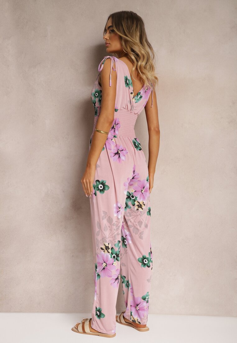defox Salopetă roz deschis cu elastic la umeri cu imprimeu floral Almora