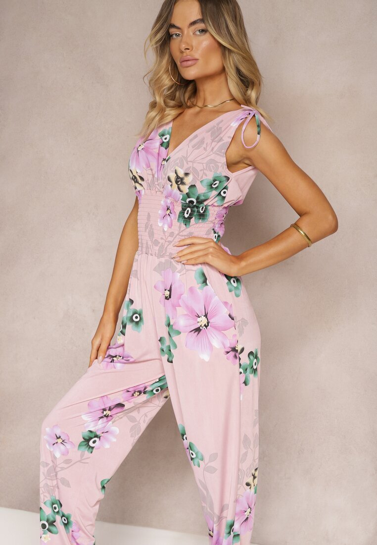 defox Salopetă roz deschis cu elastic la umeri cu imprimeu floral Almora