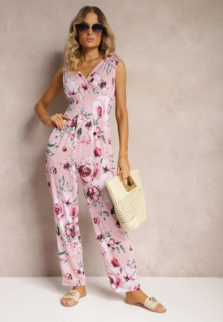defox Salopetă Roz Floral Decorat cu șnururi la umeri Kalivia