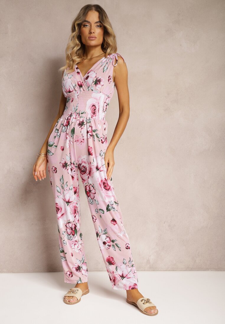 defox Salopetă Roz Floral Decorat cu șnururi la umeri Kalivia