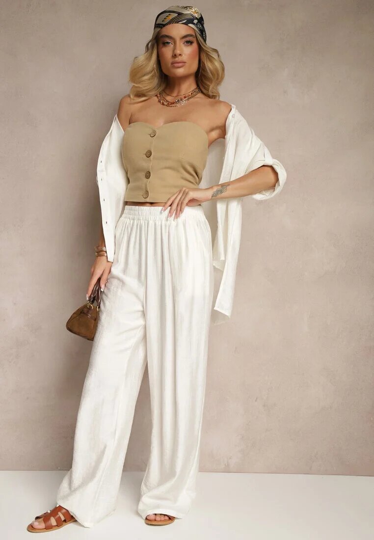 defox Set Alb din vâscoză Pantaloni largi și Cămașă cu mâneci cu bride Tulmoi