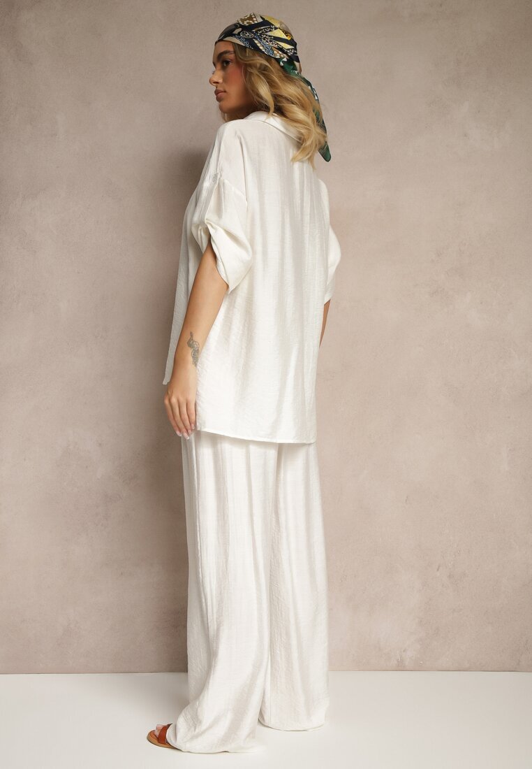 defox Set Alb din vâscoză Pantaloni largi și Cămașă cu mâneci cu bride Tulmoi