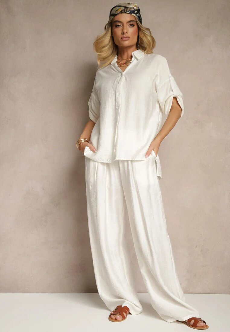 defox Set Alb din vâscoză Pantaloni largi și Cămașă cu mâneci cu bride Tulmoi