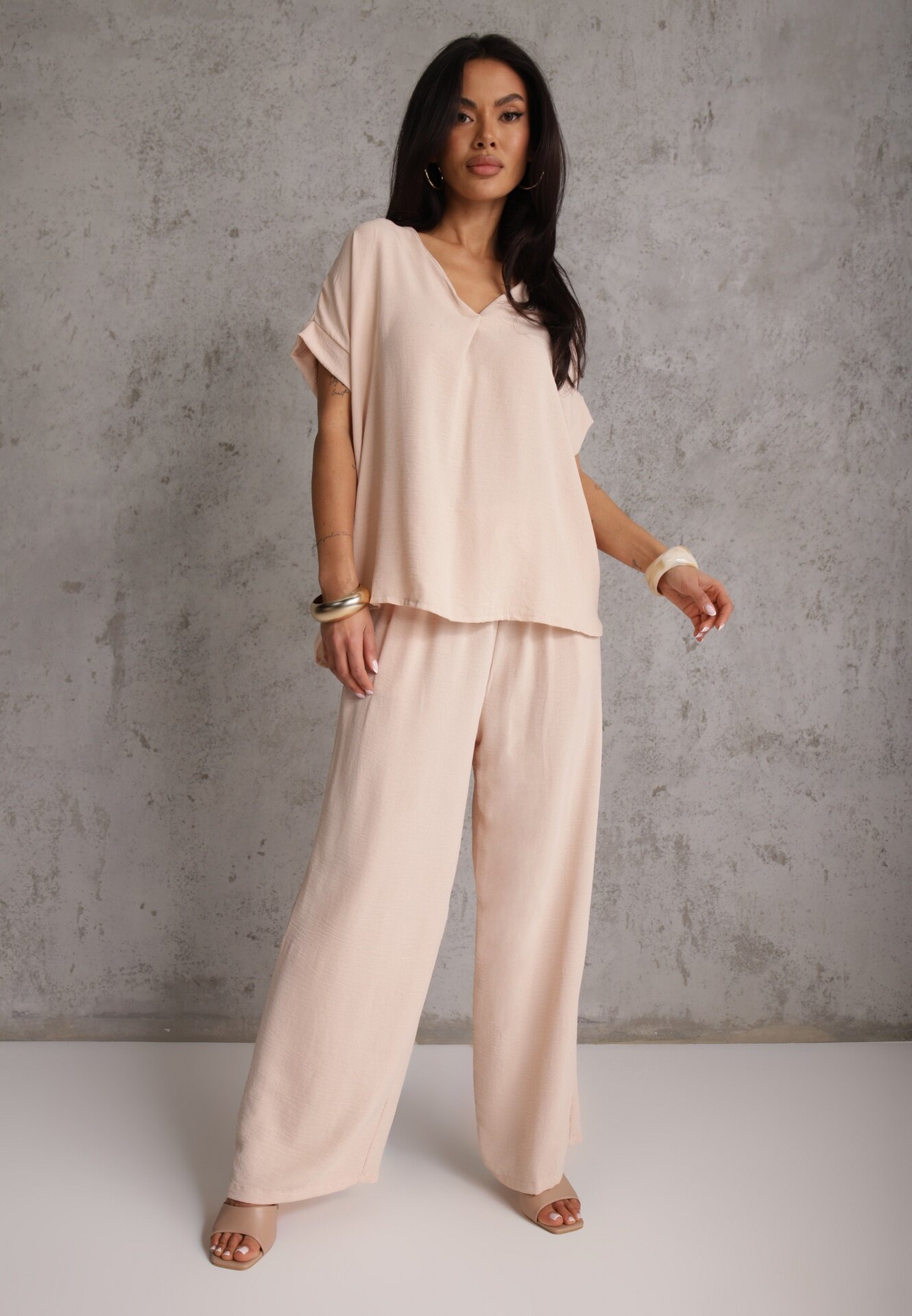 defox Set bej deschis Bluză și Pantaloni largi din Viscoză și Buzunare Efraria
