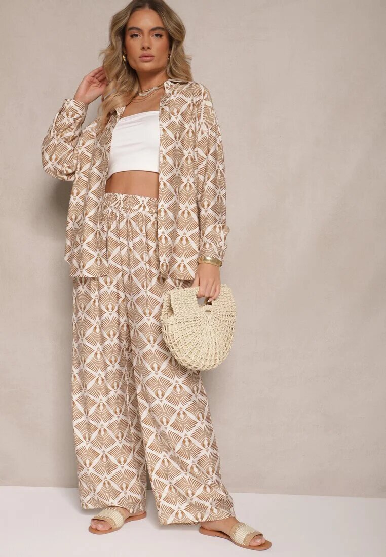 defox Set Bej-Maro din Viscoză Cămașă și Pantaloni cu Imprimeu Ornamental Desanelia