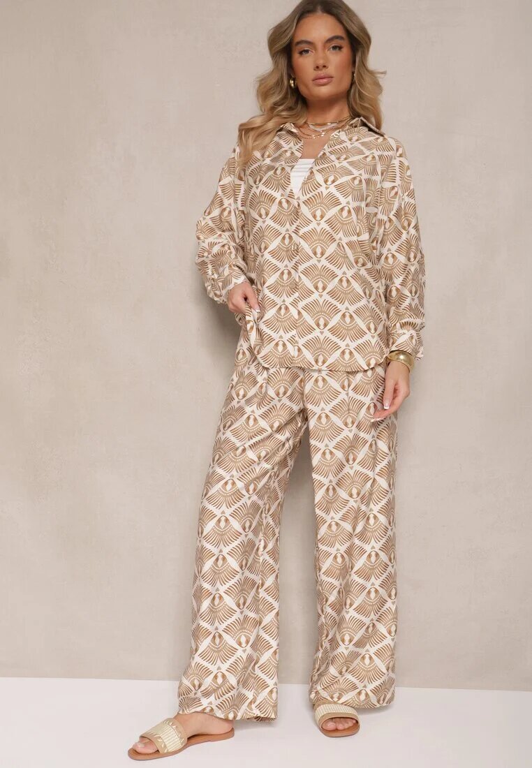 defox Set Bej-Maro din Viscoză Cămașă și Pantaloni cu Imprimeu Ornamental Desanelia