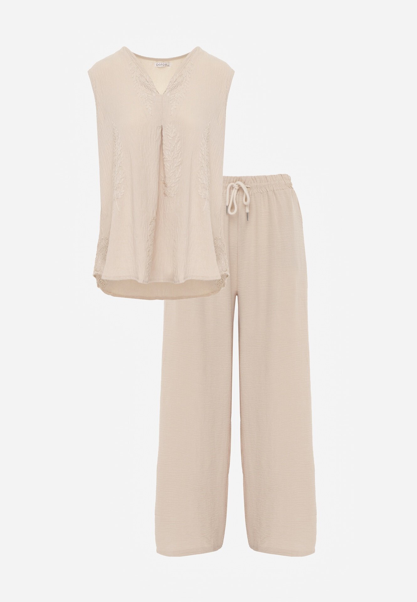defox Set bogat în vâscoză Bluză fără mâneci cu broderie și pantaloni Allore Bej