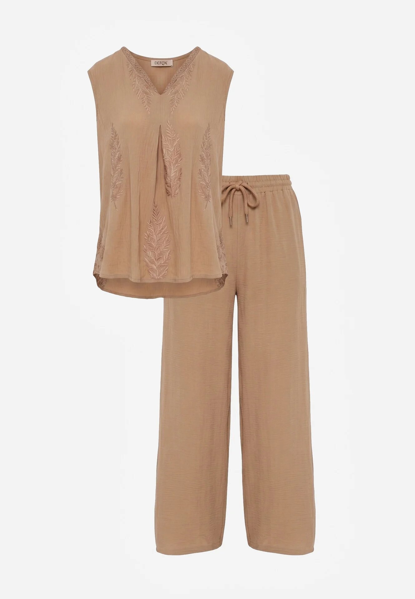 defox Set bogat în vâscoză Bluză fără mâneci cu broderie și pantaloni Allore Bej închis