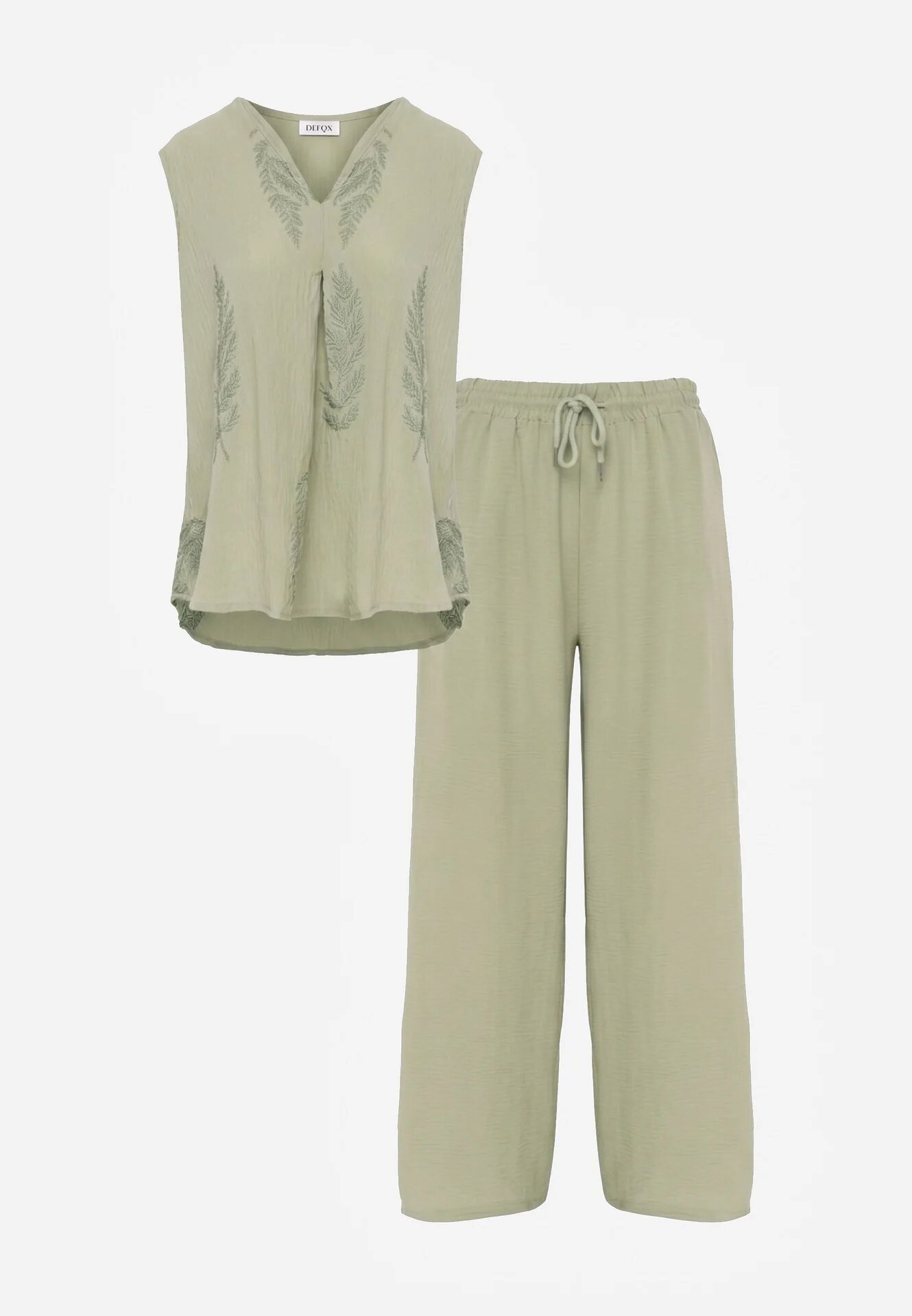 defox Set bogat în vâscoză Bluză fără mâneci cu broderie și pantaloni Allore Verde
