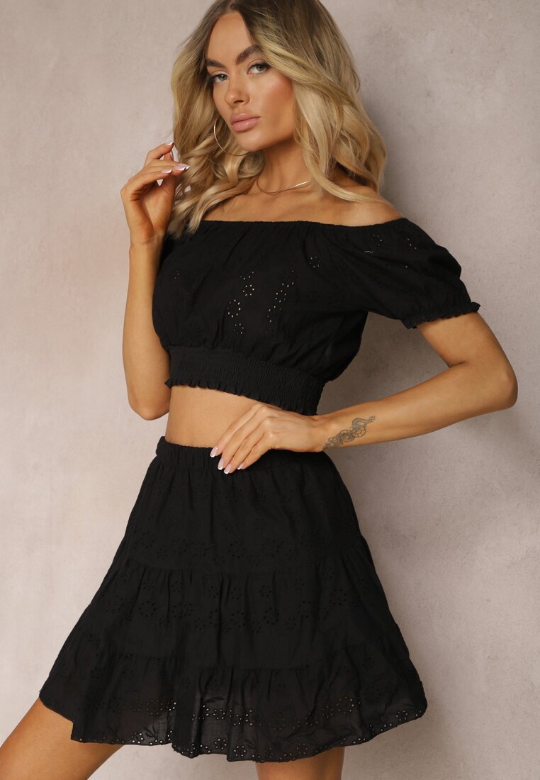 defox Set de bumbac Negru Ajurat Top scurt Fustă cu elastic în talie Igue