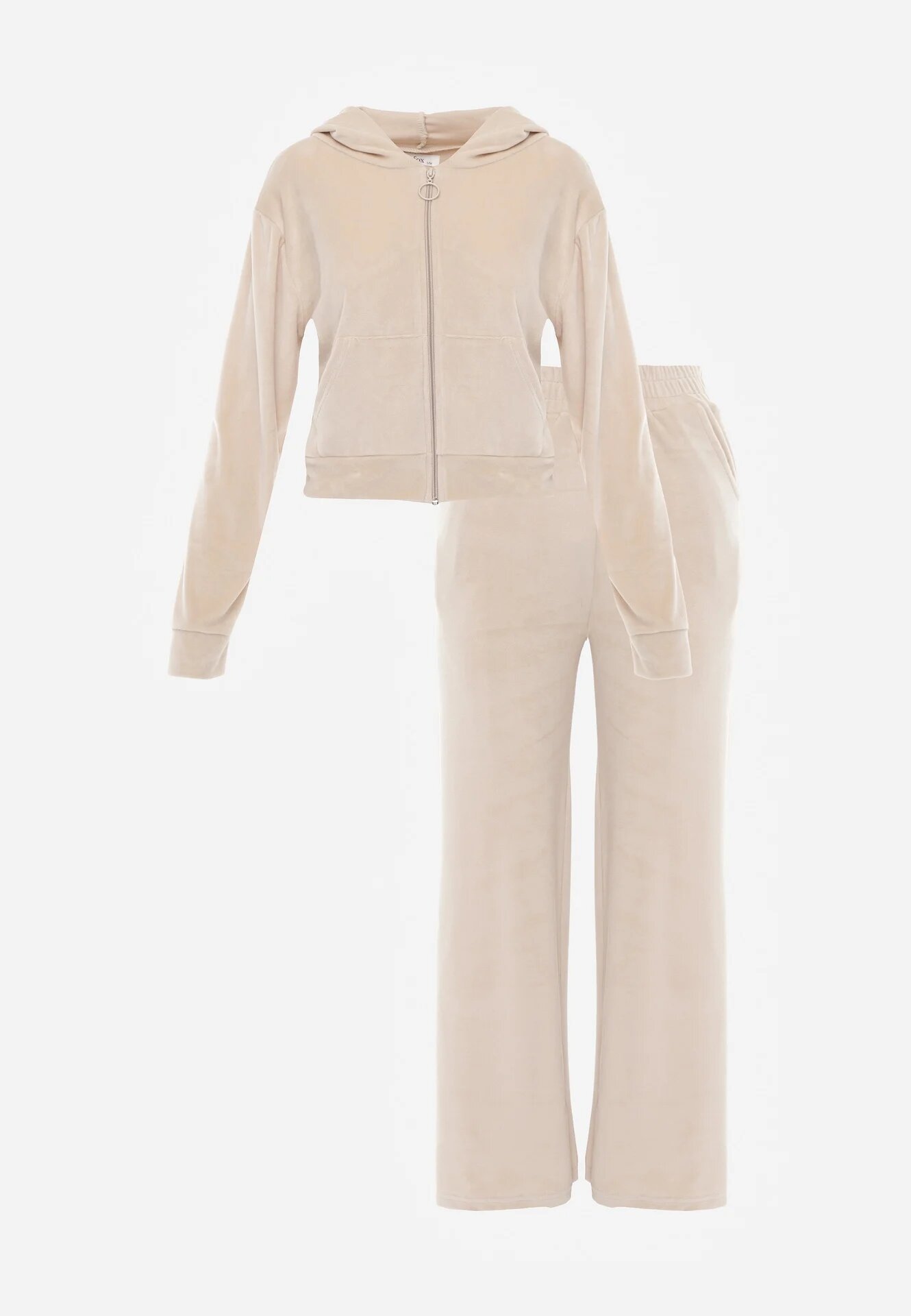 defox Set de trening bej din tricot de velur pantaloni largi și bluză scurtă Avilti