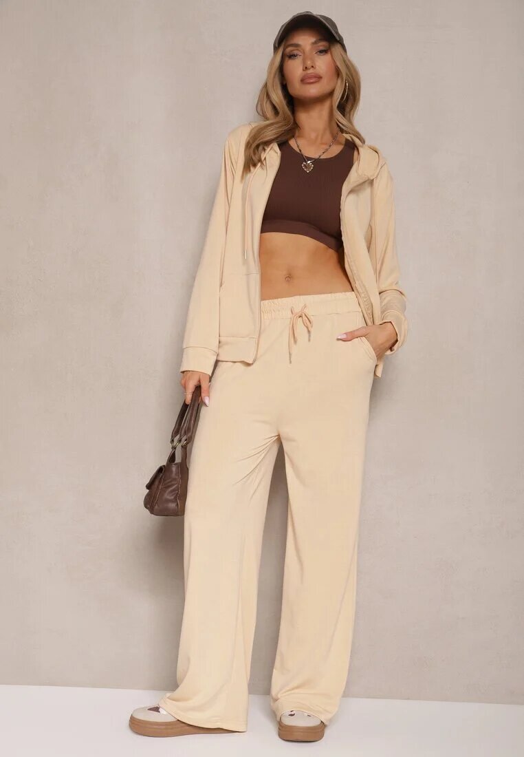 defox Set de trening bej lejer pantaloni largi și bluză cu glugă Gossame