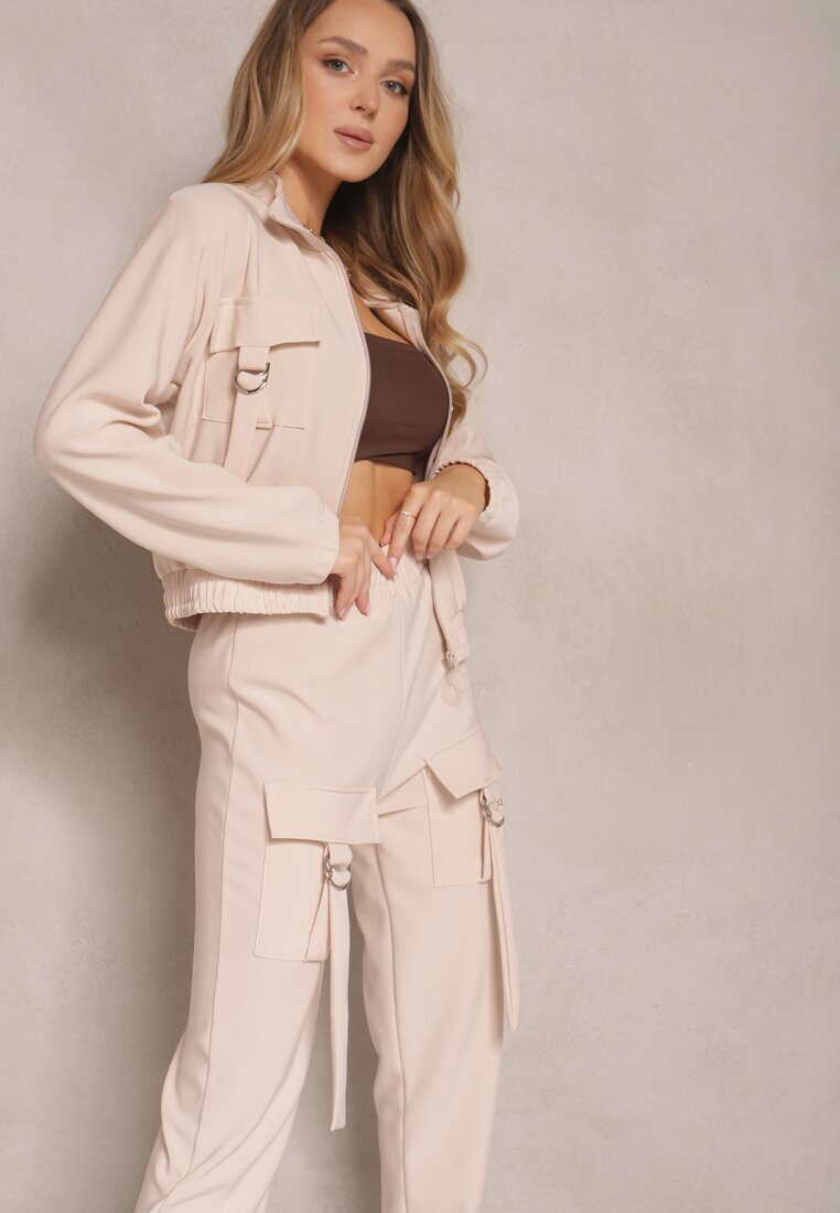 defox Set de Trening Deschis Bej Utility Bluză cu Fermoar și Pantaloni cu Buzunare Telinoria