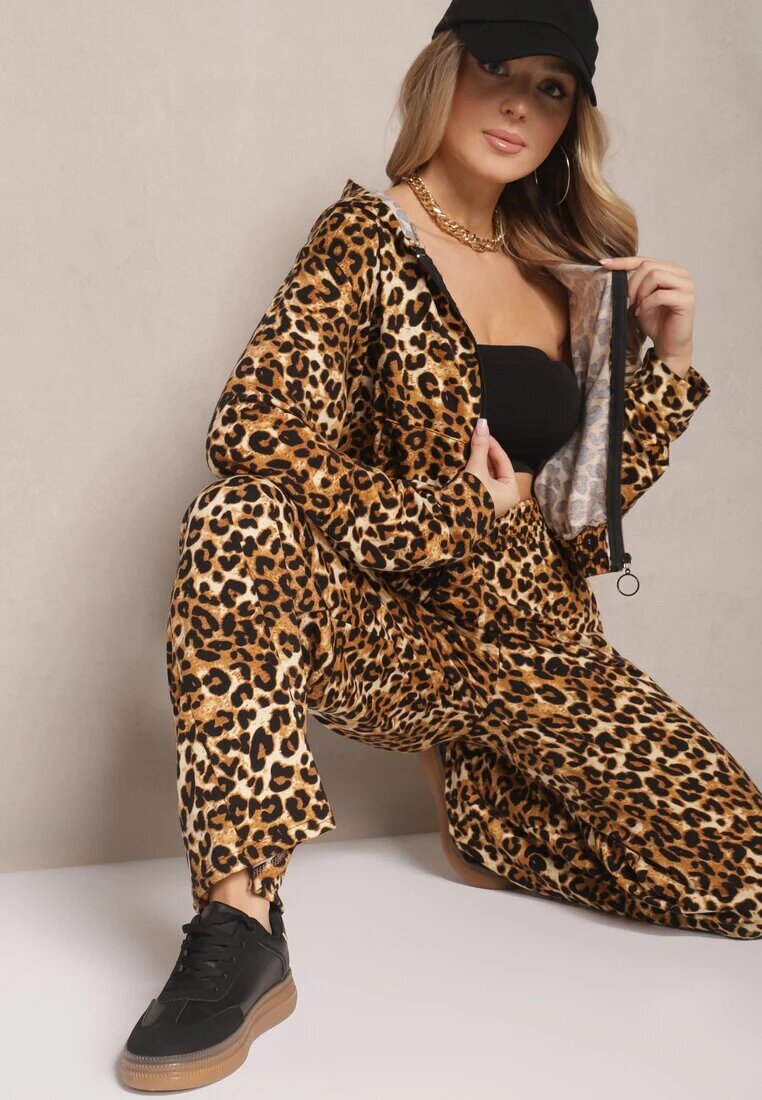 defox Set de trening Maro deschis cu imprimeu leopard Bluză și Pantaloni cu croială largă Edilanea