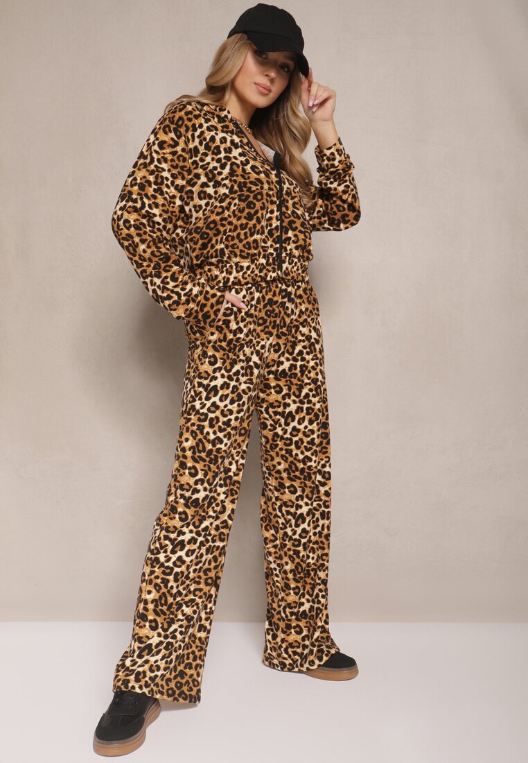 defox Set de trening Maro deschis cu imprimeu leopard Bluză și Pantaloni cu croială largă Edilanea