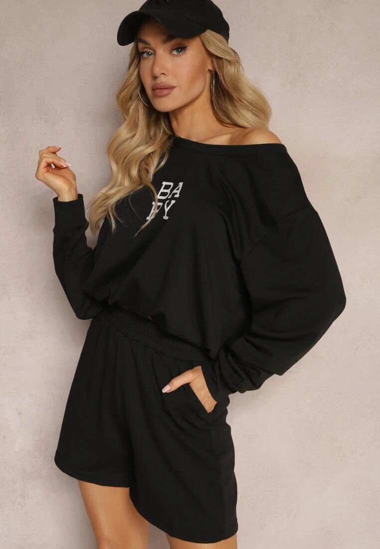 defox Set de trening Negru din 2 piese Bluză mai scurtă și Pantaloni scurți largi Frania