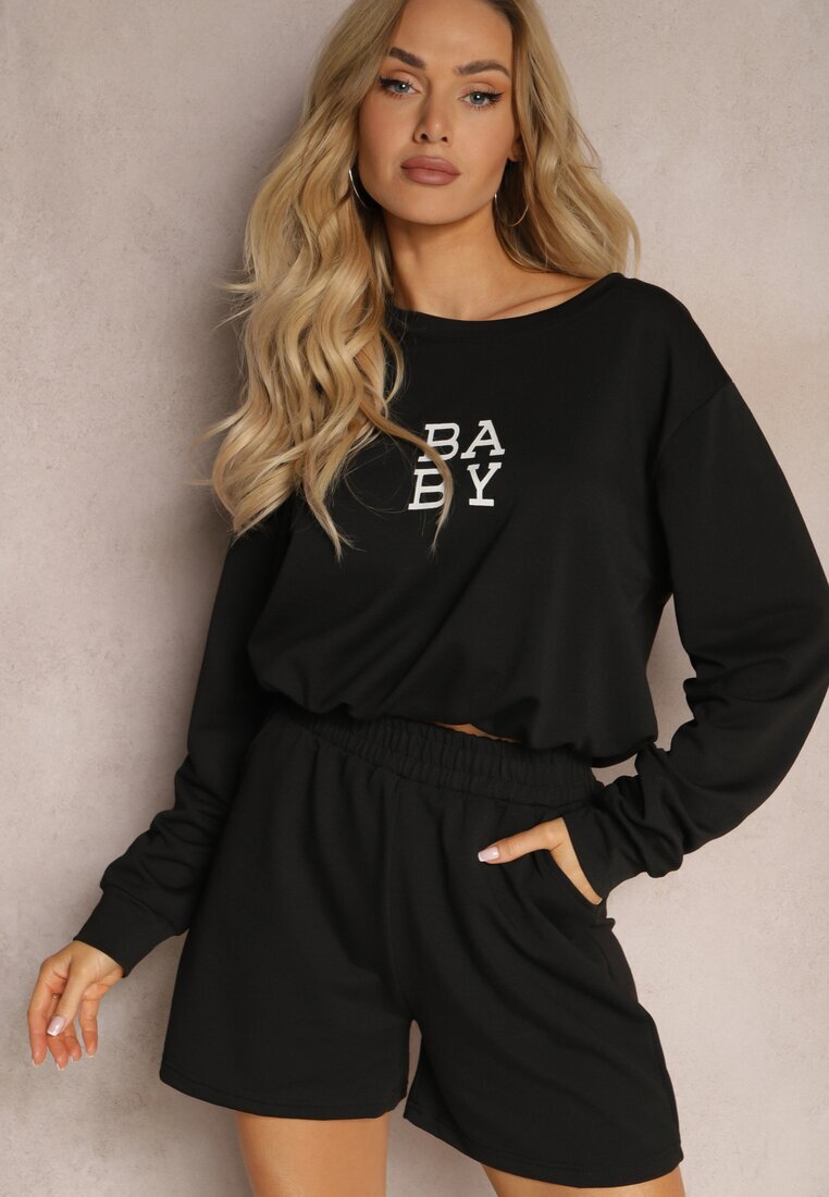 defox Set de trening Negru din 2 piese Bluză mai scurtă și Pantaloni scurți largi Frania