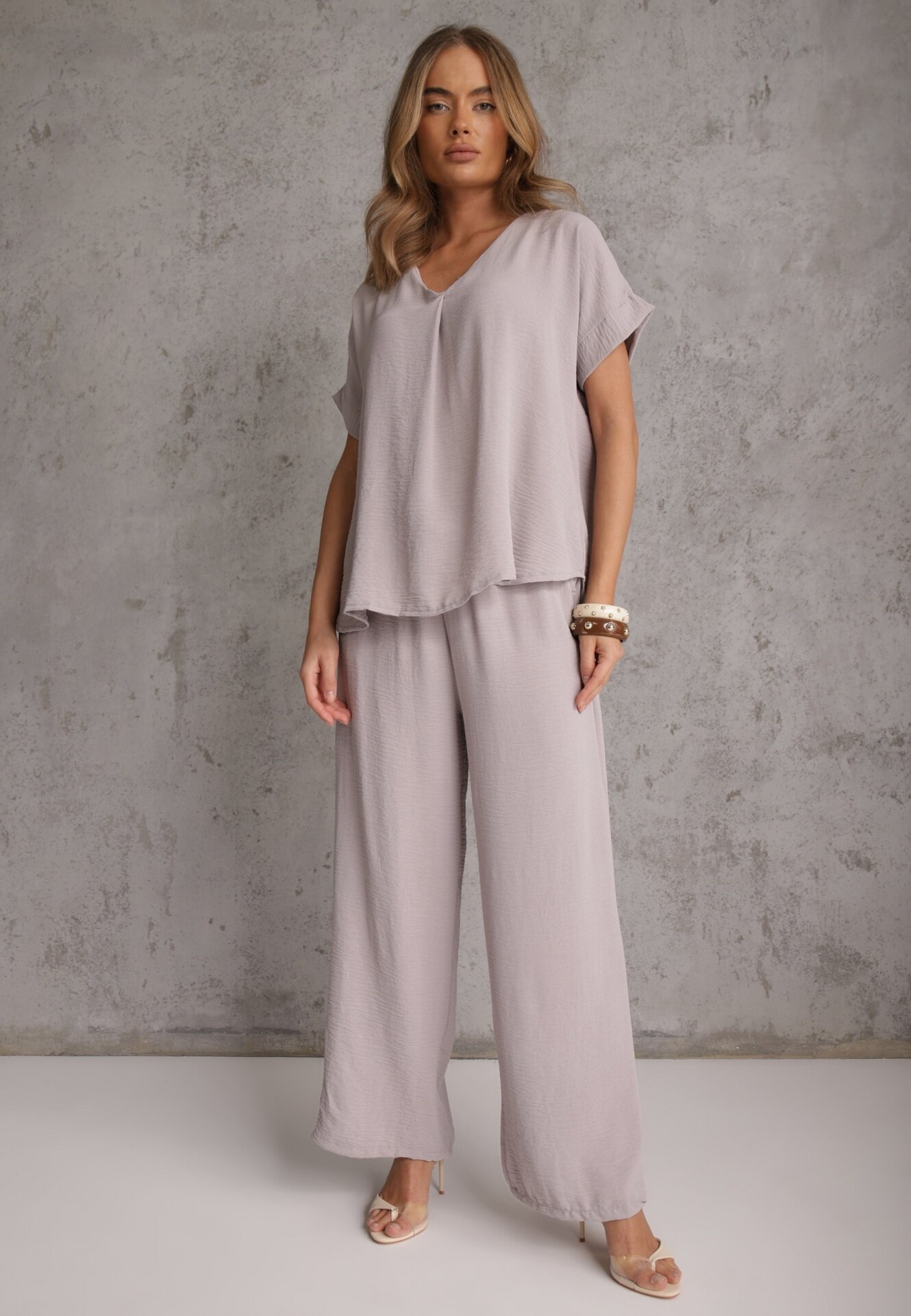 defox Set Gri deschis Bluză și Pantaloni Largi din Viscoză și Buzunare Efraria