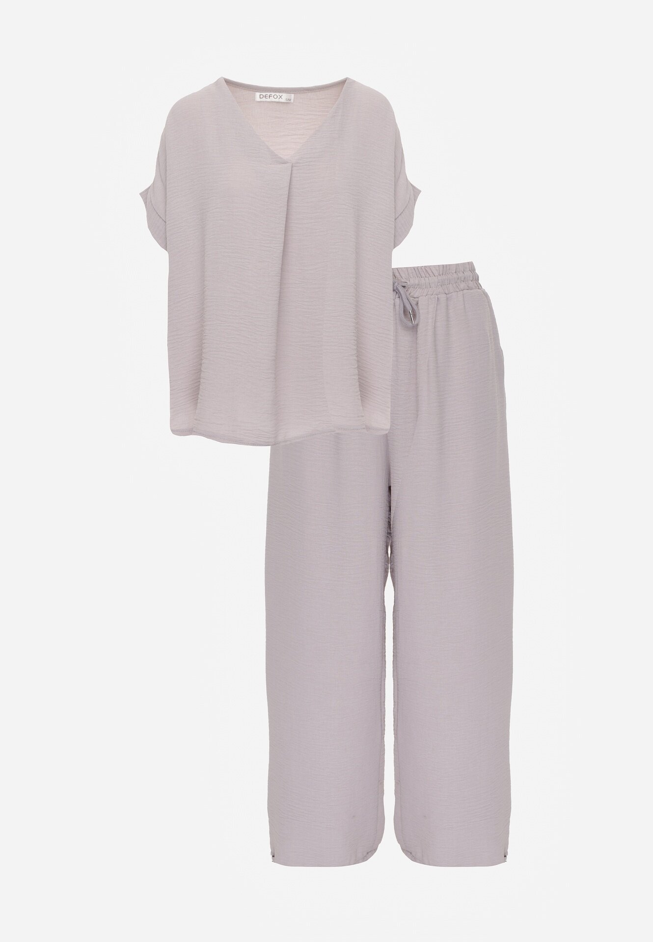 defox Set Gri deschis Bluză și Pantaloni Largi din Viscoză și Buzunare Efraria