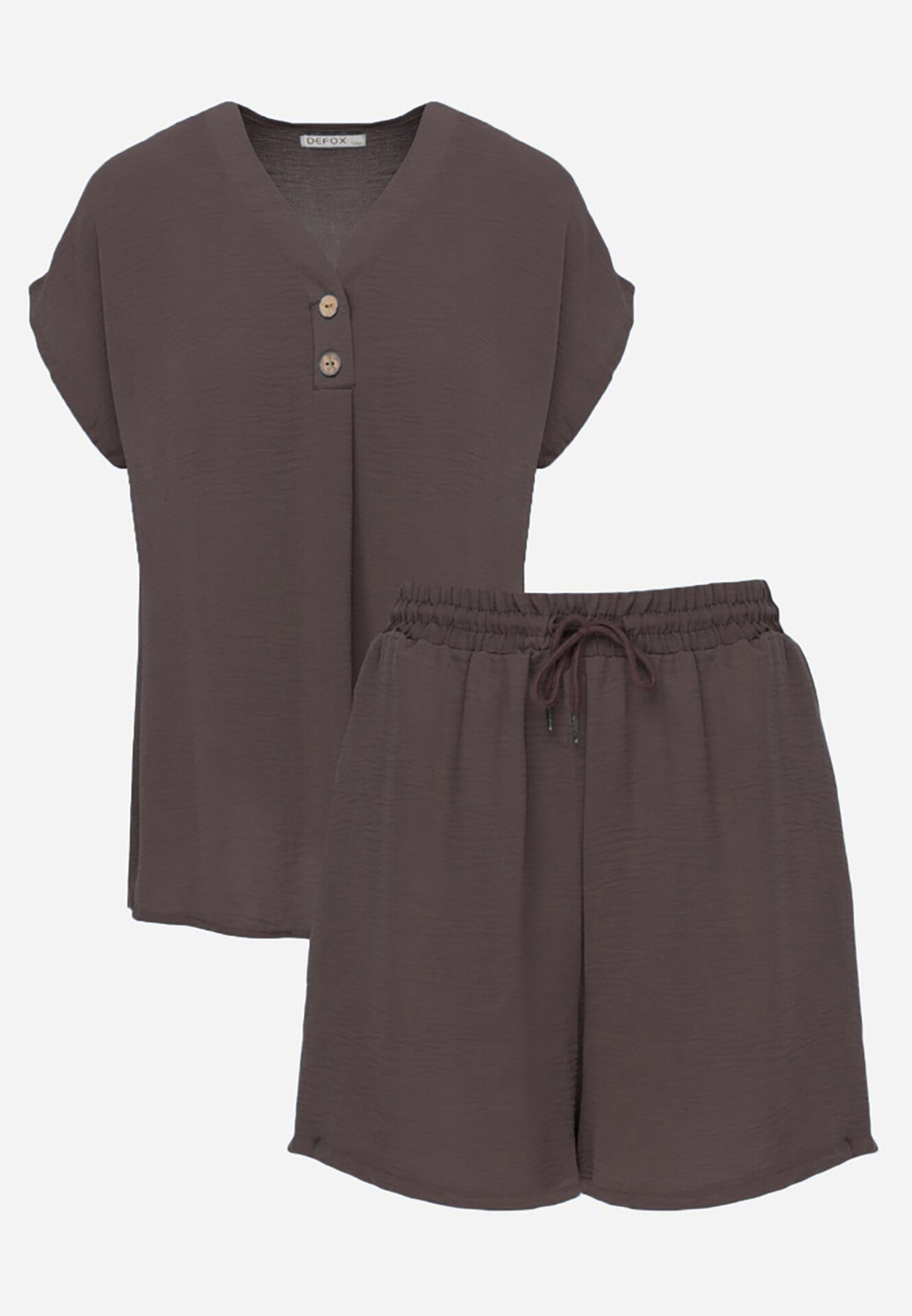 defox Set Gri închis cu Vâscoză Tricou cu Nasturi Decorativi și Pantaloni scurți Niterela