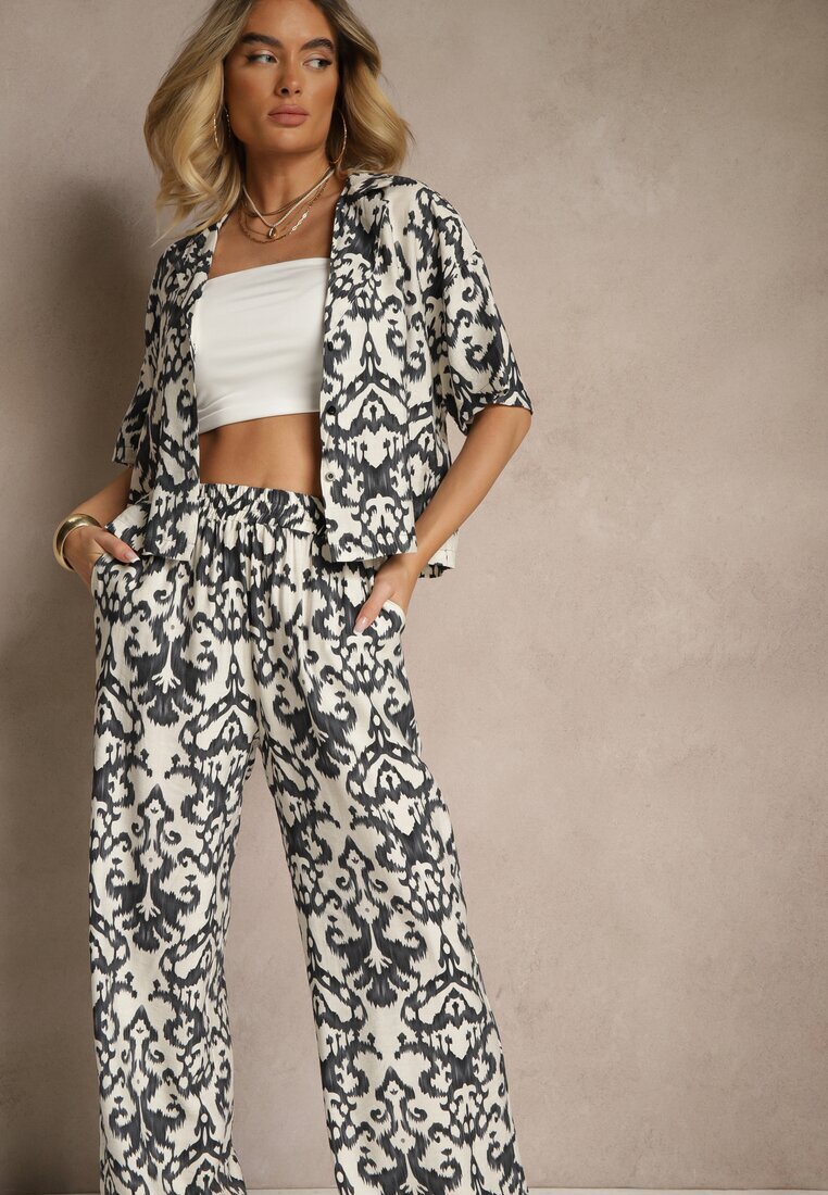 defox Set negru de viscoză cu imprimeu ornamental cămașă și pantaloni largi Sarilsa