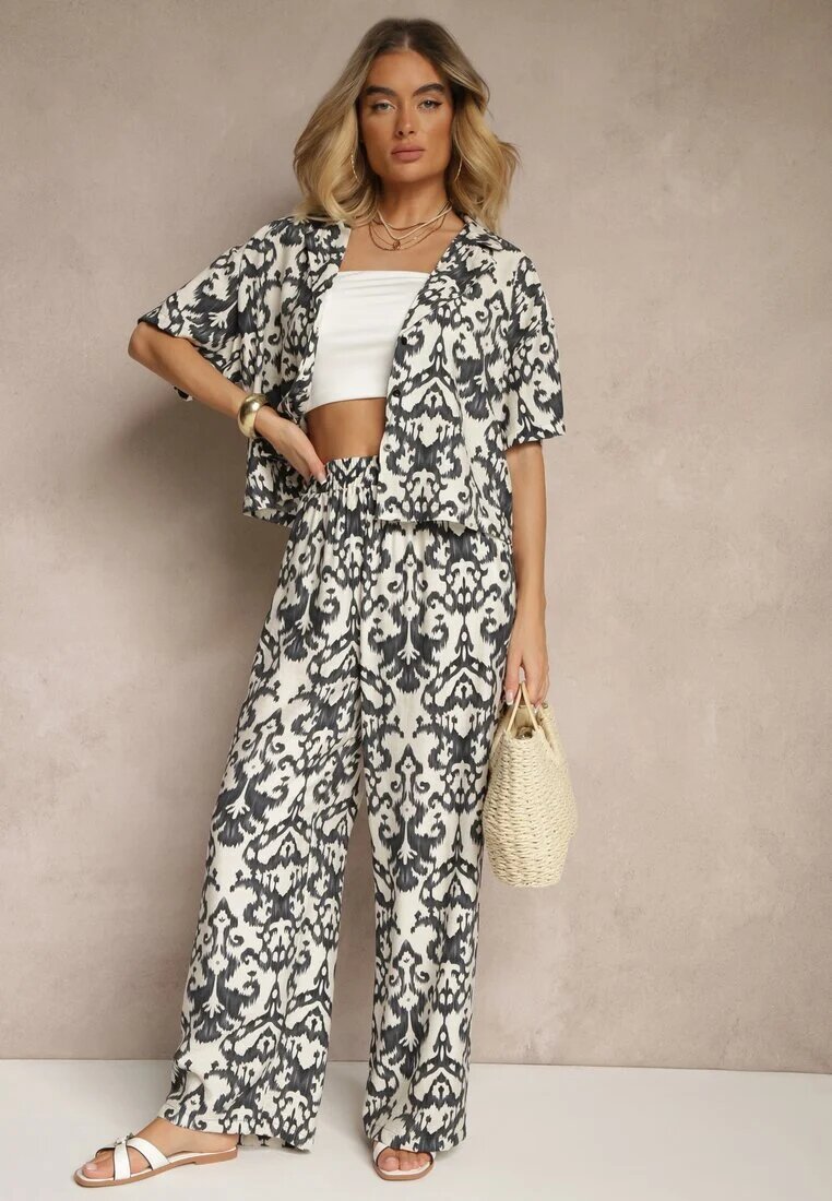 defox Set negru de viscoză cu imprimeu ornamental cămașă și pantaloni largi Sarilsa