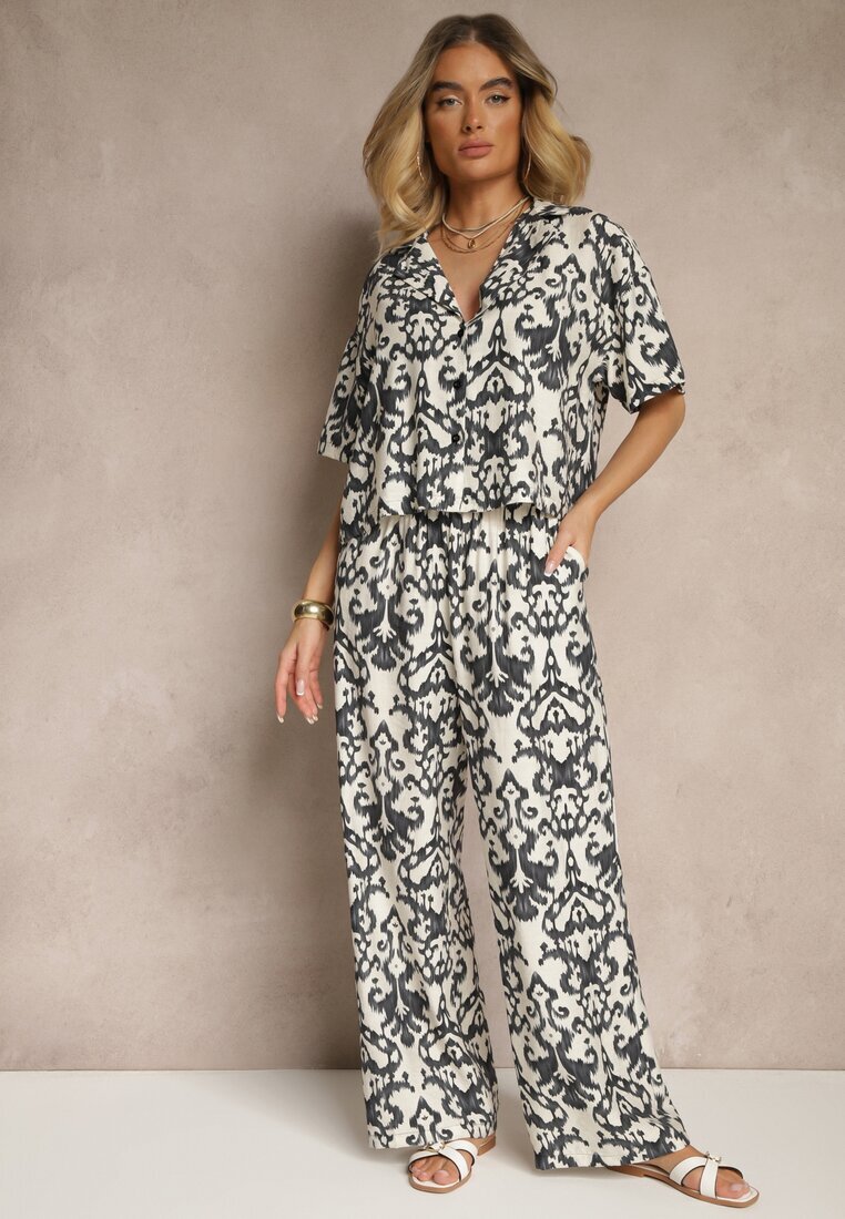 defox Set negru de viscoză cu imprimeu ornamental cămașă și pantaloni largi Sarilsa