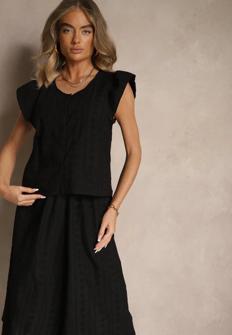defox Set Negru din bumbac decorat cu broderie Cămașă cu mânecă scurtă și Fustă Efrurina