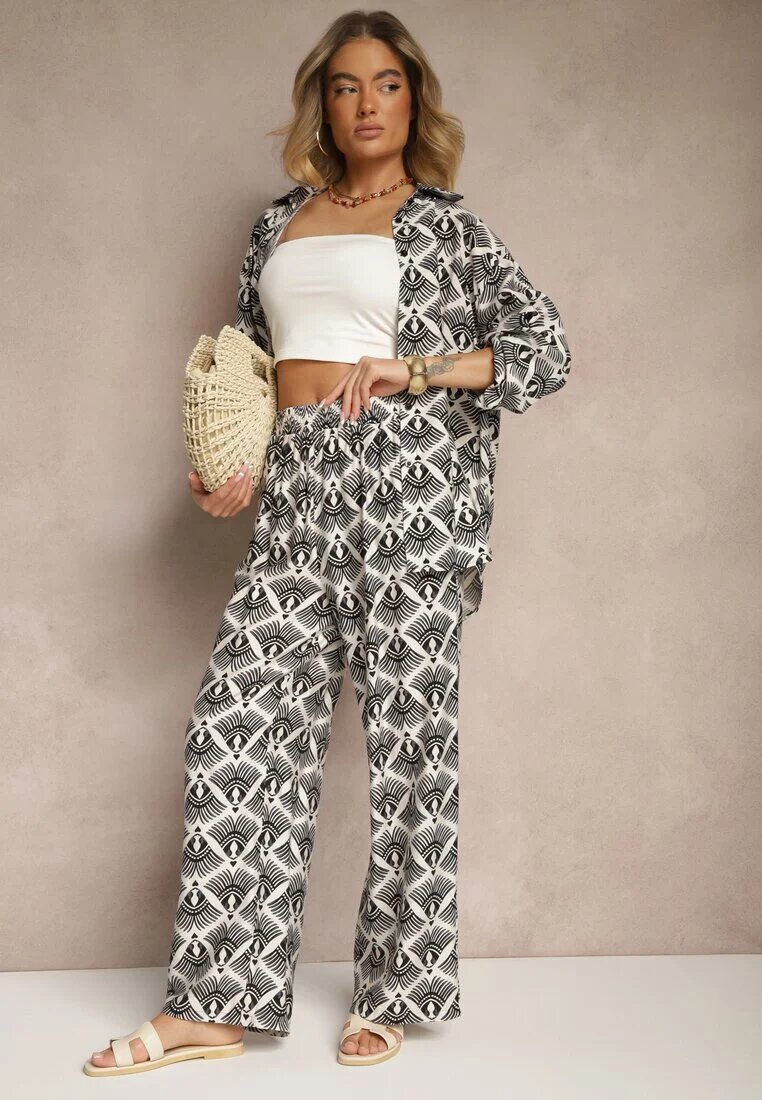 defox Set Negru din Vâscoză Cămașă și Pantaloni cu Imprimeu Ornamental Desanelia