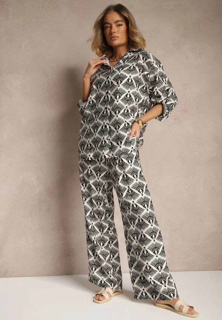 defox Set Negru din Vâscoză Cămașă și Pantaloni cu Imprimeu Ornamental Desanelia